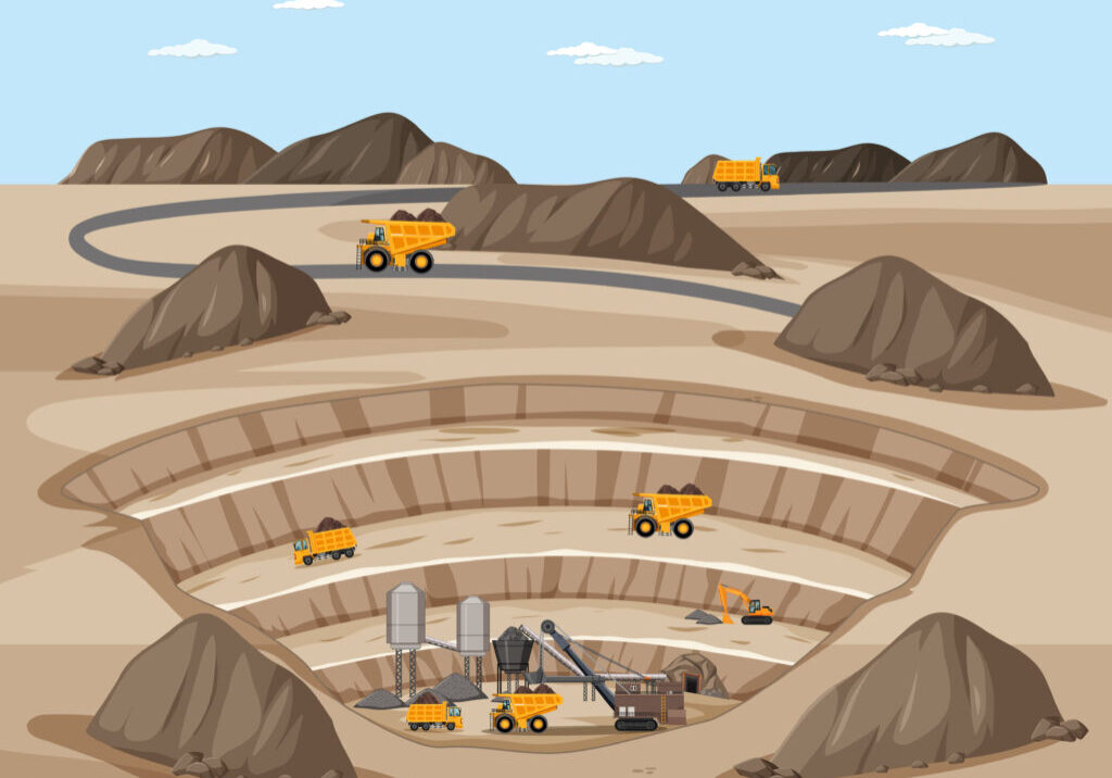 Landscape of coal mining scene with crane and trucks illustration